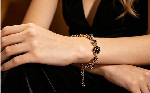 Alegend 14K Gold Plated Vintage Black Gold Rose Flower Bracelet for Women - Adjustable Link Chain Romantic Jewelry Gift in Saudi Arabia