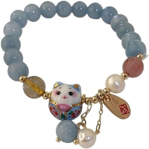 moniko Lucky Cat Bracelet for Women with Blue Crystal Beads, Ceramic Feng Shui Cat Pendant Jewelry for Good Luck, Wealth, Protection, Positive Energy in Saudi Arabia