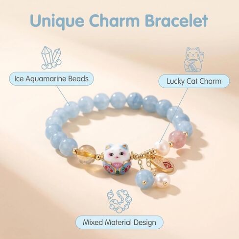 moniko Lucky Cat Bracelet for Women with Blue Crystal Beads, Ceramic Feng Shui Cat Pendant Jewelry for Good Luck, Wealth, Protection, Positive Energy in Saudi Arabia