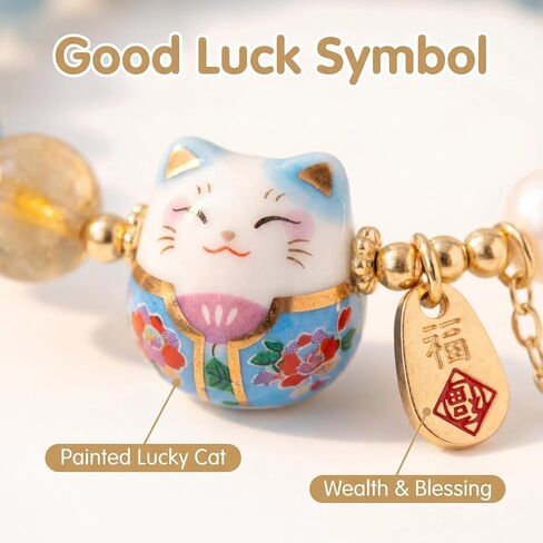 moniko Lucky Cat Bracelet for Women with Blue Crystal Beads, Ceramic Feng Shui Cat Pendant Jewelry for Good Luck, Wealth, Protection, Positive Energy in Saudi Arabia