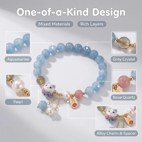 moniko Lucky Cat Bracelet for Women with Blue Crystal Beads, Ceramic Feng Shui Cat Pendant Jewelry for Good Luck, Wealth, Protection, Positive Energy in Saudi Arabia