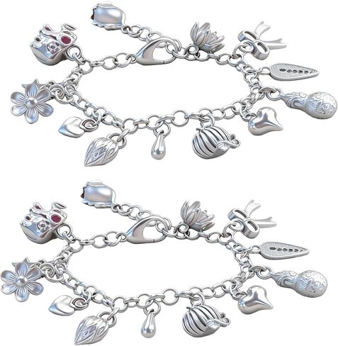 2PCS Charm Bracelet for Women Sterling Silver - Adjustable Dainty Layered Bracelets with 13 Charms, Silver Jewelry Gift for Women in Saudi Arabia