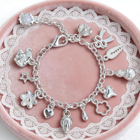 2PCS Charm Bracelet for Women Sterling Silver - Adjustable Dainty Layered Bracelets with 13 Charms, Silver Jewelry Gift for Women in Saudi Arabia
