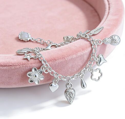 2PCS Charm Bracelet for Women Sterling Silver - Adjustable Dainty Layered Bracelets with 13 Charms, Silver Jewelry Gift for Women in Saudi Arabia