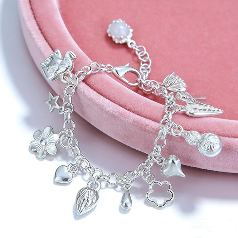 2PCS Charm Bracelet for Women Sterling Silver - Adjustable Dainty Layered Bracelets with 13 Charms, Silver Jewelry Gift for Women in Saudi Arabia