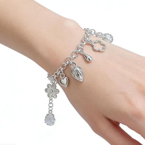 2PCS Charm Bracelet for Women Sterling Silver - Adjustable Dainty Layered Bracelets with 13 Charms, Silver Jewelry Gift for Women in Saudi Arabia