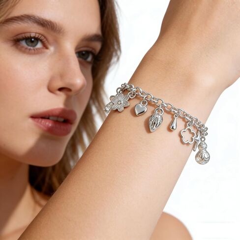 2PCS Charm Bracelet for Women Sterling Silver - Adjustable Dainty Layered Bracelets with 13 Charms, Silver Jewelry Gift for Women in Saudi Arabia