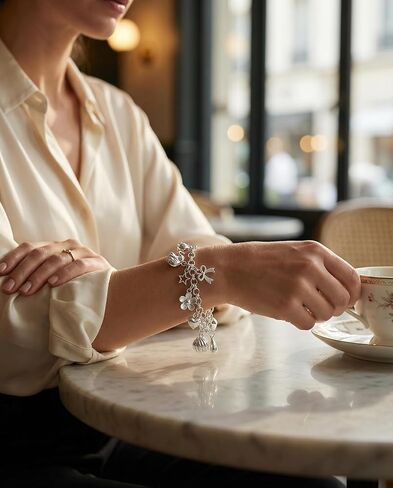 2PCS Charm Bracelet for Women Sterling Silver - Adjustable Dainty Layered Bracelets with 13 Charms, Silver Jewelry Gift for Women in Saudi Arabia