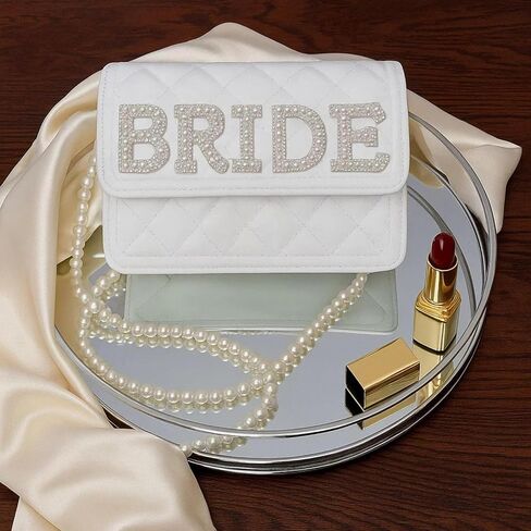 Bride White Leather Bag with Pearl Chain Clutch Women's Evening Wedding Bag for Bride Party Wedding Outdoor (white) in Saudi Arabia