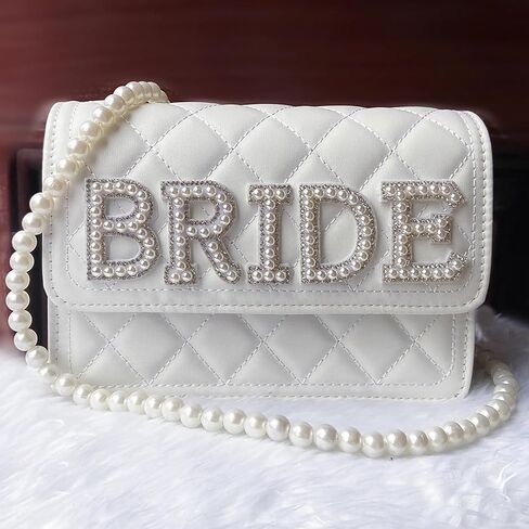 Bride White Leather Bag with Pearl Chain Clutch Women's Evening Wedding Bag for Bride Party Wedding Outdoor (white) in Saudi Arabia