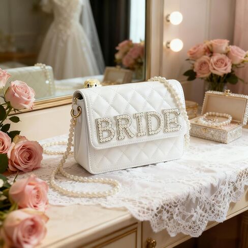Bride White Leather Bag with Pearl Chain Clutch Women's Evening Wedding Bag for Bride Party Wedding Outdoor (white) in Saudi Arabia