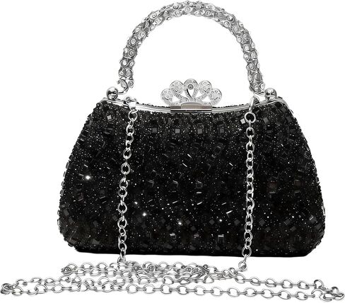 Rhinestone Evening Clutch Bag, Luxury Crystal Handbag with Detachable Chain & Crown Kiss-lock, Sparkling Glitter Formal Purse for Women Wedding Prom Gala (Black) in Kuwait