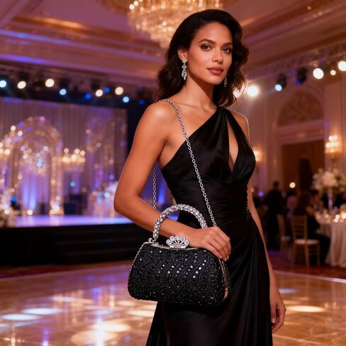 Rhinestone Evening Clutch Bag, Luxury Crystal Handbag with Detachable Chain & Crown Kiss-lock, Sparkling Glitter Formal Purse for Women Wedding Prom Gala (Black) in Kuwait