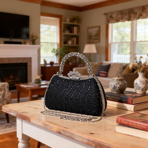 Rhinestone Evening Clutch Bag, Luxury Crystal Handbag with Detachable Chain & Crown Kiss-lock, Sparkling Glitter Formal Purse for Women Wedding Prom Gala (Black) in Kuwait