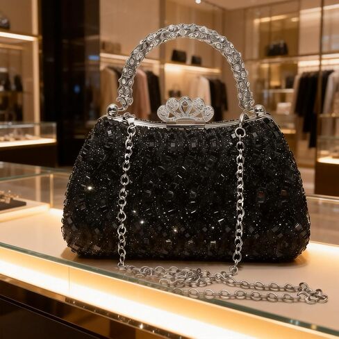 Rhinestone Evening Clutch Bag, Luxury Crystal Handbag with Detachable Chain & Crown Kiss-lock, Sparkling Glitter Formal Purse for Women Wedding Prom Gala (Black) in Kuwait