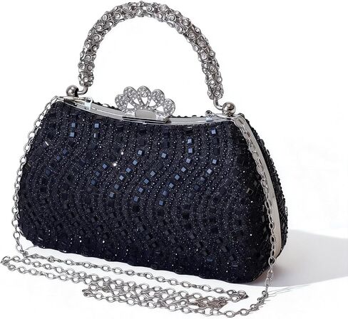 Rhinestone Evening Clutch Bag, Luxury Crystal Handbag with Detachable Chain & Crown Kiss-lock, Sparkling Glitter Formal Purse for Women Wedding Prom Gala (Black) in Kuwait