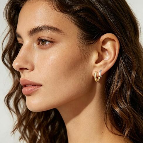 Huggie Hoop Earrings for Women Silver and Gold Plated Small Double Hoop Illusion Earrings Mixed Metal Huggies Hypoallergenic Dainty Two Tone Jewelry in Kuwait