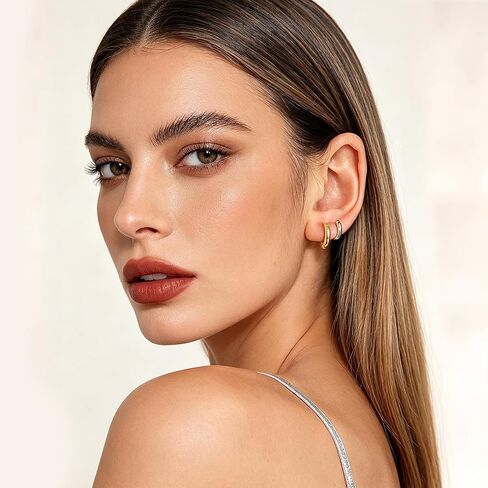 Huggie Hoop Earrings for Women Silver and Gold Plated Small Double Hoop Illusion Earrings Mixed Metal Huggies Hypoallergenic Dainty Two Tone Jewelry in Kuwait