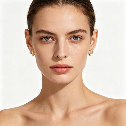 Huggie Hoop Earrings for Women Silver and Gold Plated Small Double Hoop Illusion Earrings Mixed Metal Huggies Hypoallergenic Dainty Two Tone Jewelry in Kuwait