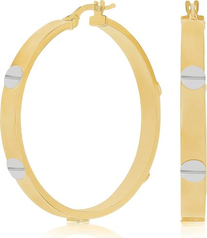 Italian 14k Yellow & White Gold Love Screw Design Small Hollow Hoop Earrings 1" in Kuwait