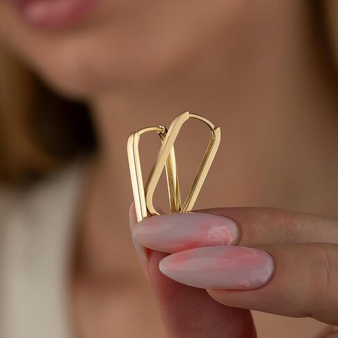 14K Solid Gold Huggie Hoops Earrings for Women, Rectangle Geometric Oval Hoops Dainty Earrings for Women in Saudi Arabia