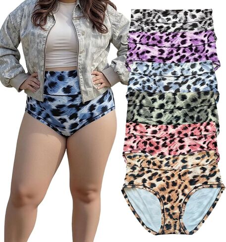 Sanftheit Women's Plus Size High Waisted Milk Silk Briefs - Leopard Print Ladies Panties Pack of 6 in Saudi Arabia