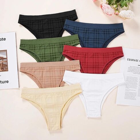 7 Pack Women's Plaid Pattern Briefs Panties, Seamless Stretch No Show Underwear (Assorted Colors) in Kuwait