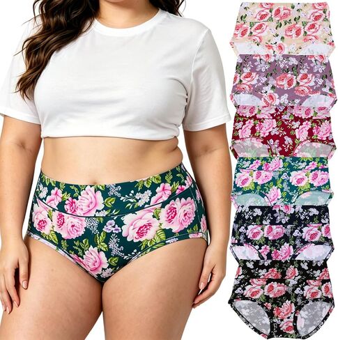 Womens Underwear Briefs Plus Size XL-6XL Panties High Waist Rose Floral Print 6 Pack Panty Undies in Saudi Arabia