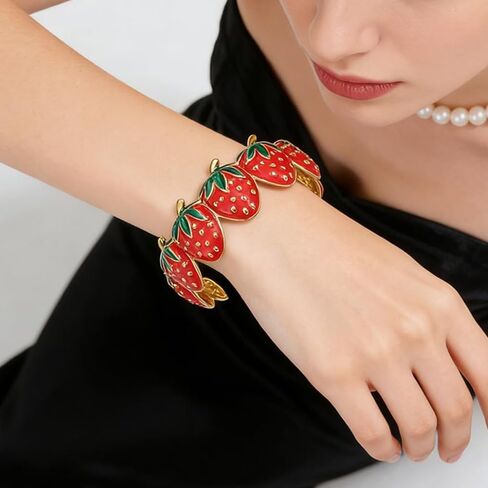 Cute Strawberry Bracelets for Women Gold-Tone Fruit Statement Chunky Adjustable Cuff Bangle Wedding Evening Party Trendy Jewelry in Saudi Arabia