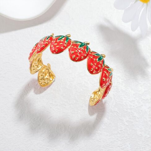 Cute Strawberry Bracelets for Women Gold-Tone Fruit Statement Chunky Adjustable Cuff Bangle Wedding Evening Party Trendy Jewelry in Saudi Arabia