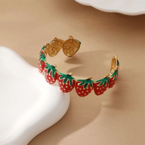 Cute Strawberry Bracelets for Women Gold-Tone Fruit Statement Chunky Adjustable Cuff Bangle Wedding Evening Party Trendy Jewelry in Saudi Arabia