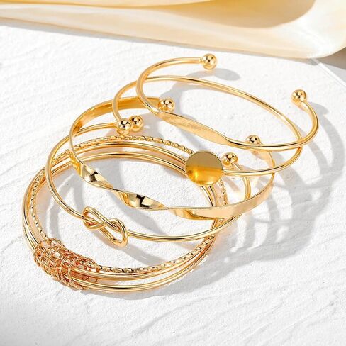 Gold Stackable Boho Bracelet Set for Women – Multi-Layered Non-Tarnish Cuff Bangles, Trendy Minimalist Textured Jewelry in Kuwait