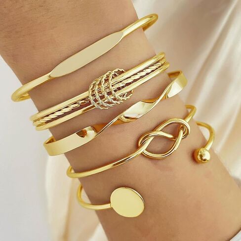 Gold Stackable Boho Bracelet Set for Women – Multi-Layered Non-Tarnish Cuff Bangles, Trendy Minimalist Textured Jewelry in Kuwait