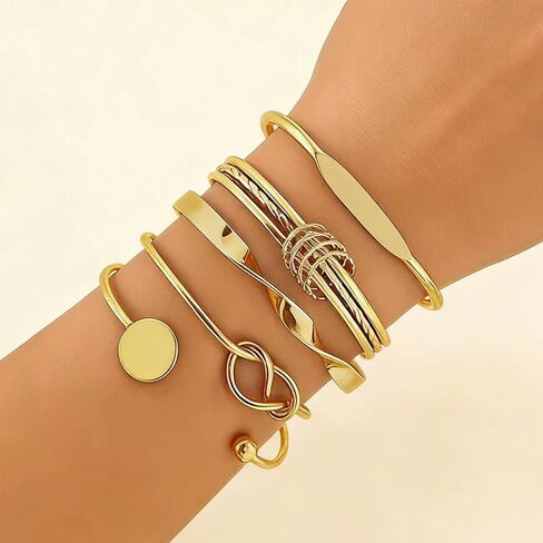 Gold Stackable Boho Bracelet Set for Women – Multi-Layered Non-Tarnish Cuff Bangles, Trendy Minimalist Textured Jewelry in Kuwait