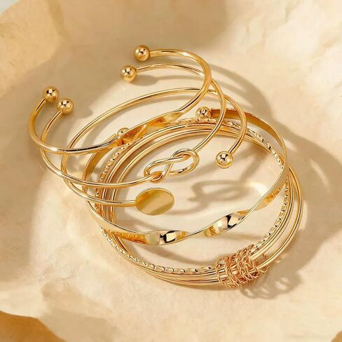 Gold Stackable Boho Bracelet Set for Women – Multi-Layered Non-Tarnish Cuff Bangles, Trendy Minimalist Textured Jewelry in Kuwait