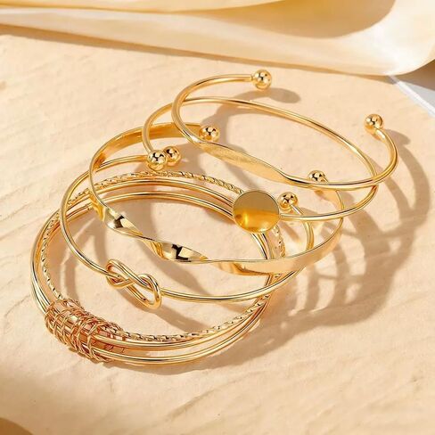 Gold Stackable Boho Bracelet Set for Women – Multi-Layered Non-Tarnish Cuff Bangles, Trendy Minimalist Textured Jewelry in Kuwait