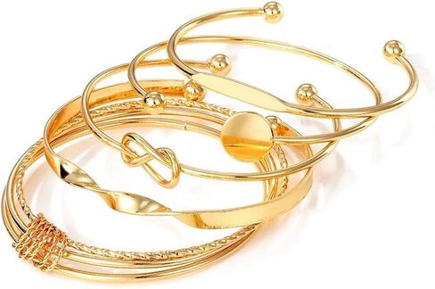 Gold Stackable Boho Bracelet Set for Women – Multi-Layered Non-Tarnish Cuff Bangles, Trendy Minimalist Textured Jewelry in Kuwait