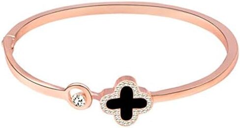 Rose Gold Plated Clover Cuff Bracelet for Women, Elegant Open Bangle with White Enamel and Crystal Accent, No clasp, gently Adjustable Jewelry Gift, Gift Box Included in Kuwait