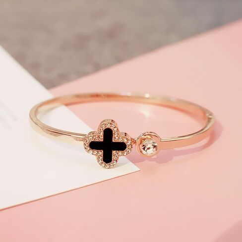 Rose Gold Plated Clover Cuff Bracelet for Women, Elegant Open Bangle with White Enamel and Crystal Accent, No clasp, gently Adjustable Jewelry Gift, Gift Box Included in Kuwait