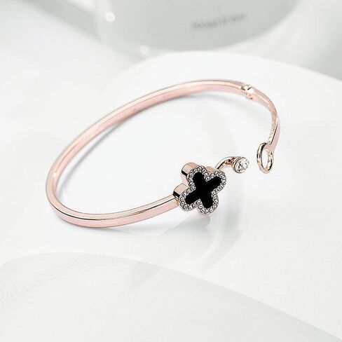 Rose Gold Plated Clover Cuff Bracelet for Women, Elegant Open Bangle with White Enamel and Crystal Accent, No clasp, gently Adjustable Jewelry Gift, Gift Box Included in Kuwait