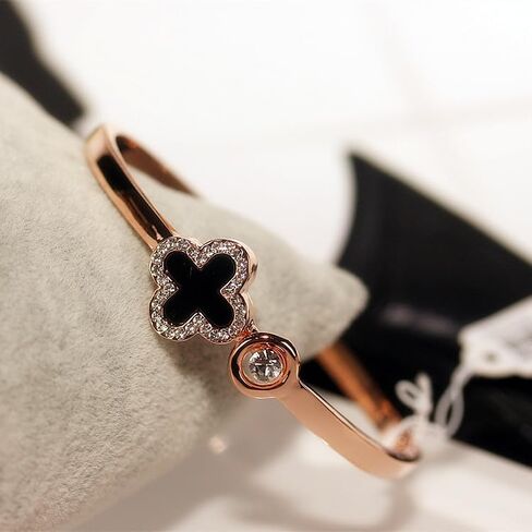 Rose Gold Plated Clover Cuff Bracelet for Women, Elegant Open Bangle with White Enamel and Crystal Accent, No clasp, gently Adjustable Jewelry Gift, Gift Box Included in Kuwait
