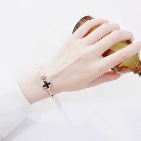 Rose Gold Plated Clover Cuff Bracelet for Women, Elegant Open Bangle with White Enamel and Crystal Accent, No clasp, gently Adjustable Jewelry Gift, Gift Box Included in Kuwait
