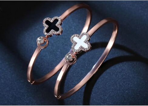 Rose Gold Plated Clover Cuff Bracelet for Women, Elegant Open Bangle with White Enamel and Crystal Accent, No clasp, gently Adjustable Jewelry Gift, Gift Box Included in Kuwait
