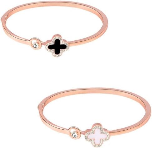 Rose Gold Plated Clover Cuff Bracelet for Women, Elegant Open Bangle with White Enamel and Crystal Accent, No clasp, gently Adjustable Jewelry Gift, Gift Box Included in Kuwait