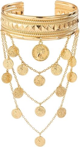 Cowboy Gold Metal Leaf Coin Tassel Arm Cuff for Women Vintage Leaf Coin Tassel Upper Arm Bracelet Adjustable Boho Festival Arm Band Summer Festival Rave Jewelry in Kuwait