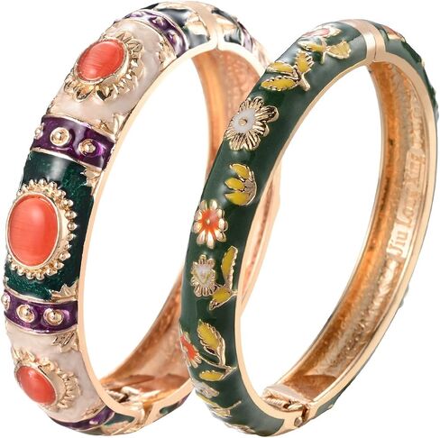 UJOY Vintage Cloisonne Jewelry Bracelet Plated Handmade Bead Rhinestones Enamel Spring Cuff Bangles 2 Pcs Set for Womens Gift 7735 in Kuwait
