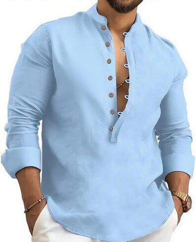 Kubsid Mens Henley Shirts Casual T Shirt Long Sleeve Banded Collar Button Down Vintage Beach Tops in Saudi Arabia