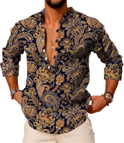 Kubsid Mens Henley Shirts Casual T Shirt Long Sleeve Banded Collar Button Down Vintage Beach Tops in Saudi Arabia