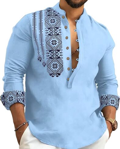 Kubsid Mens Henley Shirts Casual T Shirt Long Sleeve Banded Collar Button Down Vintage Beach Tops in Saudi Arabia