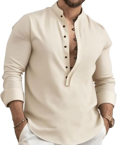 Kubsid Mens Henley Shirts Casual T Shirt Long Sleeve Banded Collar Button Down Vintage Beach Tops in Saudi Arabia